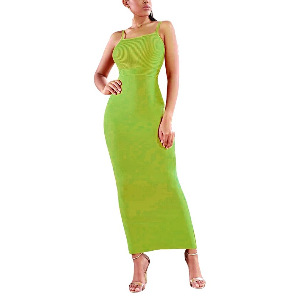 Spaghetti Strap Pencil Silhouette Lime Glow Midi Bandage Dress Curve-Hugging Fit